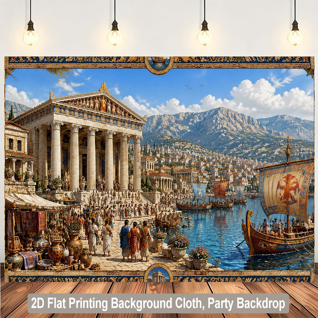 Busy Ancient Greek Market Scene Background Cloth Banner